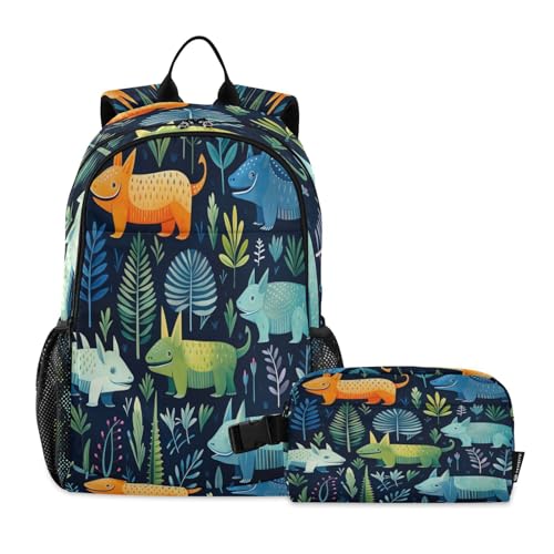 LINNIKEEEE Blumen-Cartoon-Kunst-Nashorn Studentenrucksack Lunchtasche Set – Leichte Schultasche für Jungen Mädchen von LINNIKEEEE