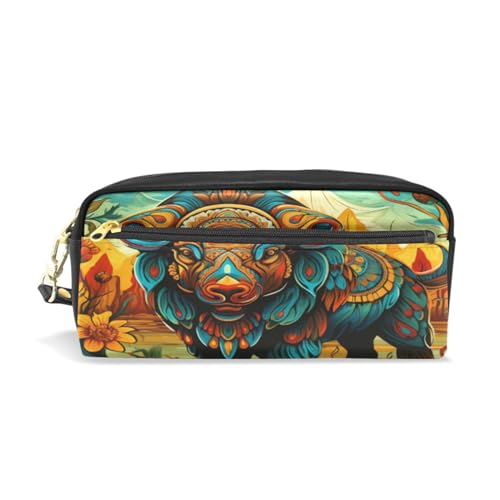 LINNIKEEEE Blumenmuster Art Bison Federmäppchen aus Leder,Mäppchen Schlamperbox Stifttasche,Make-up-Tasche,Organizer für Jungen Mädchen von LINNIKEEEE