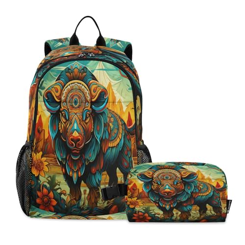 LINNIKEEEE Blumenmuster Art Bison Studentenrucksack Lunchtasche Set – Leichte Schultasche für Jungen Mädchen von LINNIKEEEE