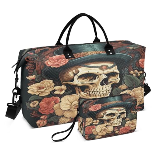 LINNIKEEEE Blumenmuster Cooler Totenkopf Reise-Seesäcke, Sporttasche, Weekender Handtasche mit Kulturbeutel für Damen Mädchen Herren von LINNIKEEEE