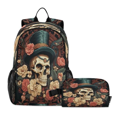 LINNIKEEEE Blumenmuster Cooler Totenkopf Studentenrucksack Lunchtasche Set – Leichte Schultasche für Jungen Mädchen von LINNIKEEEE