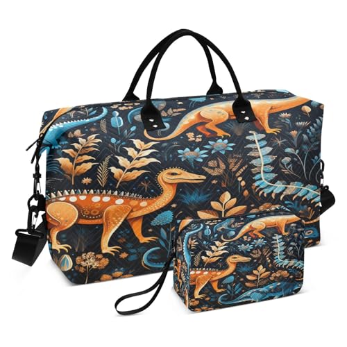 LINNIKEEEE Blumenmuster Dinosaurier Cartoon Reise-Seesäcke, Sporttasche, Weekender Handtasche mit Kulturbeutel für Damen Mädchen Herren von LINNIKEEEE