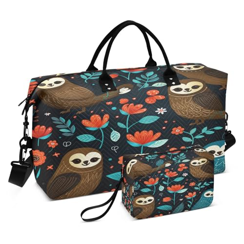 LINNIKEEEE Blumenmuster Faultiere Reise-Seesäcke, Sporttasche, Weekender Handtasche mit Kulturbeutel für Damen Mädchen Herren von LINNIKEEEE