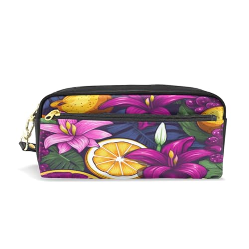 LINNIKEEEE Blumenmuster Frucht Zitrone Federmäppchen aus Leder,Mäppchen Schlamperbox Stifttasche,Make-up-Tasche,Organizer für Jungen Mädchen von LINNIKEEEE