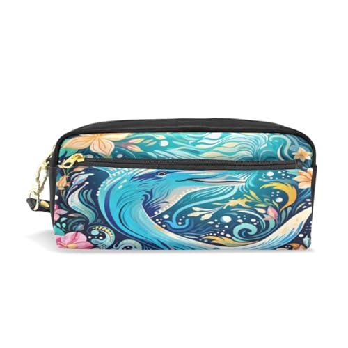 LINNIKEEEE Blumenmuster-Kunstdelfin Federmäppchen aus Leder,Mäppchen Schlamperbox Stifttasche,Make-up-Tasche,Organizer für Jungen Mädchen von LINNIKEEEE