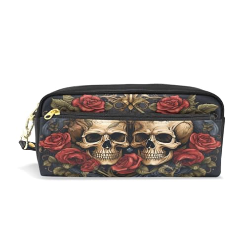 LINNIKEEEE Blumenmuster Rosenschädel Federmäppchen aus Leder,Mäppchen Schlamperbox Stifttasche,Make-up-Tasche,Organizer für Jungen Mädchen von LINNIKEEEE