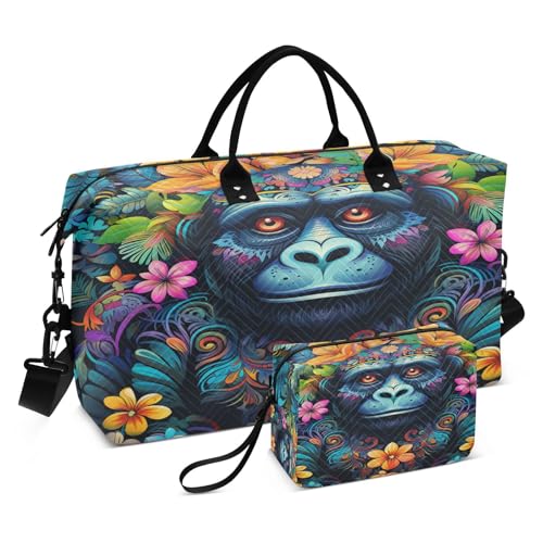 LINNIKEEEE Blumenmuster Schimpanse Reise-Seesäcke, Sporttasche, Weekender Handtasche mit Kulturbeutel für Damen Mädchen Herren von LINNIKEEEE