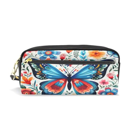 LINNIKEEEE Blumenmuster Schmetterling Federmäppchen aus Leder,Mäppchen Schlamperbox Stifttasche,Make-up-Tasche,Organizer für Jungen Mädchen von LINNIKEEEE