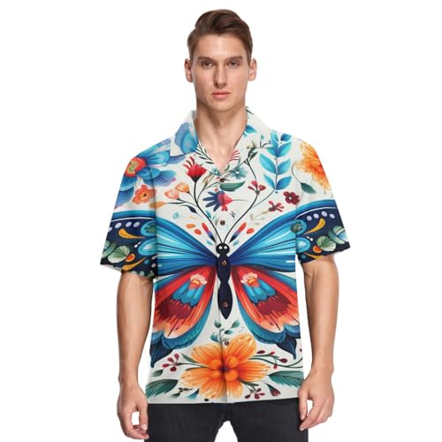 LINNIKEEEE Blumenmuster Schmetterling Herren-Hawaii-Hemden, kurzärmelig, Button-Down-Freizeithemd für den Sommer Strand von LINNIKEEEE
