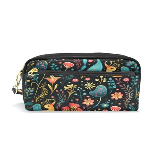 LINNIKEEEE Blumenmuster Seepferdchen Federmäppchen aus Leder,Mäppchen Schlamperbox Stifttasche,Make-up-Tasche,Organizer für Jungen Mädchen von LINNIKEEEE