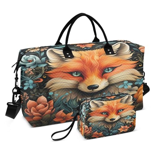 LINNIKEEEE Blumenmuster Tier Fuchs Reise-Seesäcke, Sporttasche, Weekender Handtasche mit Kulturbeutel für Damen Mädchen Herren von LINNIKEEEE