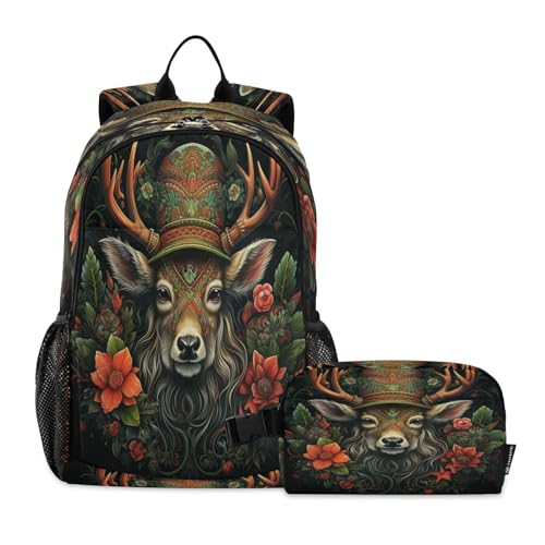 LINNIKEEEE Blumenmuster Weihnachtsmann Hirsch Studentenrucksack Lunchtasche Set – Leichte Schultasche für Jungen Mädchen von LINNIKEEEE