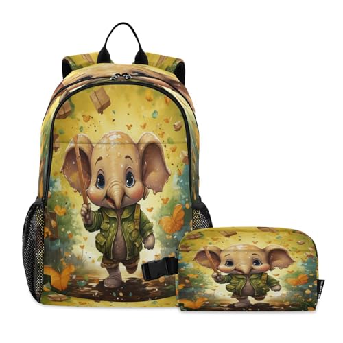 LINNIKEEEE Buntstift-Cartoon-Elefant Studentenrucksack Lunchtasche Set – Leichte Schultasche für Jungen Mädchen von LINNIKEEEE