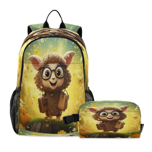 LINNIKEEEE Buntstift-Cartoon-Schaf Studentenrucksack Lunchtasche Set – Leichte Schultasche für Jungen Mädchen von LINNIKEEEE