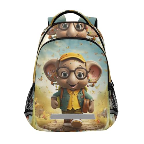 LINNIKEEEE Buntstiftkarikatur Brauner Elefant Studentenrucksack Kinderrucksack Büchertasche Schülerrucksack Rucksäcke für Jungs Mädchen von LINNIKEEEE