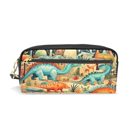 LINNIKEEEE Cartoon-Dinosaurier-Kunst Federmäppchen aus Leder,Mäppchen Schlamperbox Stifttasche,Make-up-Tasche,Organizer für Jungen Mädchen von LINNIKEEEE