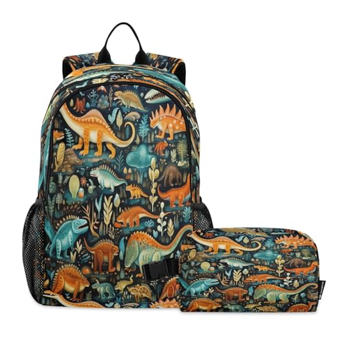 LINNIKEEEE Cartoon-Dinosaurier-Kunst Studentenrucksack Lunchtasche Set – Leichte Schultasche für Jungen Mädchen von LINNIKEEEE