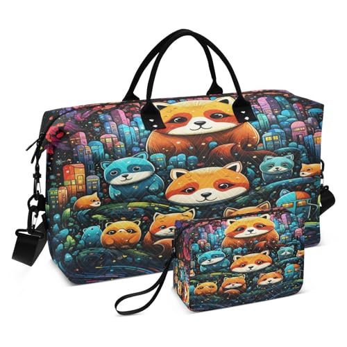 LINNIKEEEE Cartoon Doodle, Süßer Roter Panda Reise-Seesäcke, Sporttasche, Weekender Handtasche mit Kulturbeutel für Damen Mädchen Herren von LINNIKEEEE