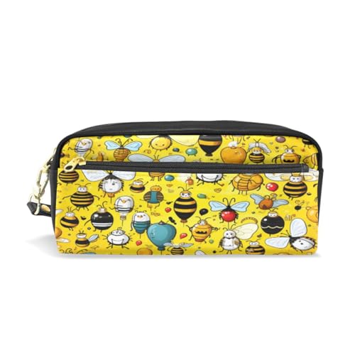 LINNIKEEEE Cartoon-Doodle-Bienen-Kunst Federmäppchen aus Leder,Mäppchen Schlamperbox Stifttasche,Make-up-Tasche,Organizer für Jungen Mädchen von LINNIKEEEE