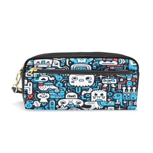 LINNIKEEEE Cartoon-Doodle-Blauer Roboter Federmäppchen aus Leder,Mäppchen Schlamperbox Stifttasche,Make-up-Tasche,Organizer für Jungen Mädchen von LINNIKEEEE