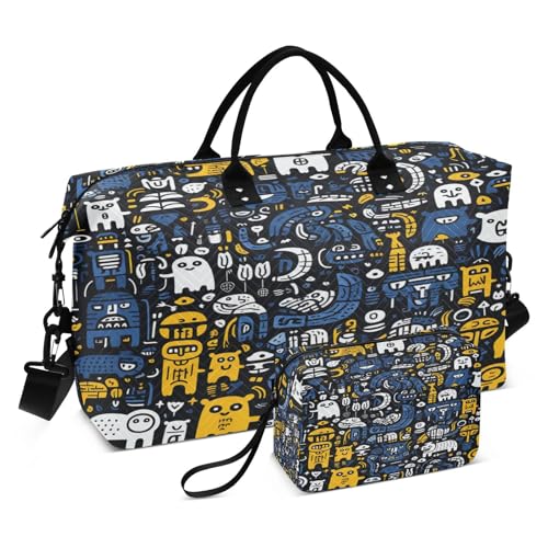 LINNIKEEEE Cartoon Doodle Faultier Reise-Seesäcke, Sporttasche, Weekender Handtasche mit Kulturbeutel für Damen Mädchen Herren von LINNIKEEEE