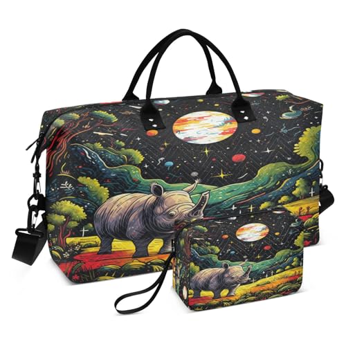 LINNIKEEEE Cartoon Doodle Nashörner Reise-Seesäcke, Sporttasche, Weekender Handtasche mit Kulturbeutel für Damen Mädchen Herren von LINNIKEEEE