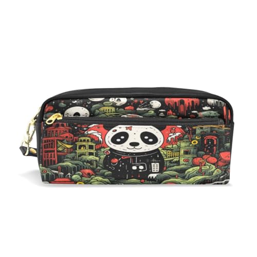 LINNIKEEEE Cartoon-Doodle-Pandas Federmäppchen aus Leder,Mäppchen Schlamperbox Stifttasche,Make-up-Tasche,Organizer für Jungen Mädchen von LINNIKEEEE