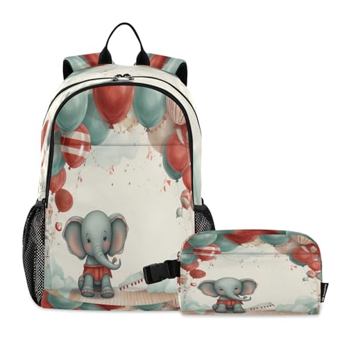 LINNIKEEEE Cartoon-Elefant-Ballon Studentenrucksack Lunchtasche Set – Leichte Schultasche für Jungen Mädchen von LINNIKEEEE