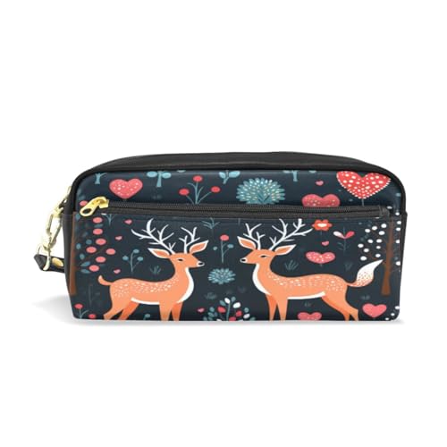 LINNIKEEEE Cartoon-Kunst Niedlicher Hirsch Federmäppchen aus Leder,Mäppchen Schlamperbox Stifttasche,Make-up-Tasche,Organizer für Jungen Mädchen von LINNIKEEEE