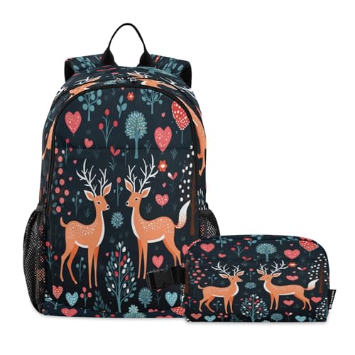 LINNIKEEEE Cartoon-Kunst Niedlicher Hirsch Studentenrucksack Lunchtasche Set – Leichte Schultasche für Jungen Mädchen von LINNIKEEEE