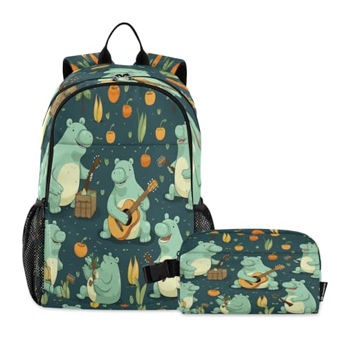 LINNIKEEEE Cartoon-Kunst Niedliches Nilpferd Studentenrucksack Lunchtasche Set – Leichte Schultasche für Jungen Mädchen von LINNIKEEEE