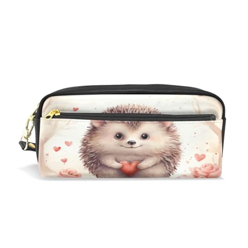 LINNIKEEEE Cartoon-Kunst Süßer Igel Federmäppchen aus Leder,Mäppchen Schlamperbox Stifttasche,Make-up-Tasche,Organizer für Jungen Mädchen von LINNIKEEEE