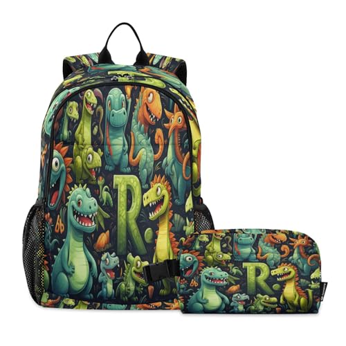 LINNIKEEEE Cartoon-Kunst-Wald-Dinosaurier Studentenrucksack Lunchtasche Set – Leichte Schultasche für Jungen Mädchen von LINNIKEEEE