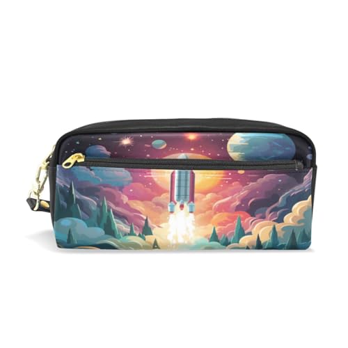 LINNIKEEEE Cartoon-Kunst-Weltraumrakete Federmäppchen aus Leder,Mäppchen Schlamperbox Stifttasche,Make-up-Tasche,Organizer für Jungen Mädchen von LINNIKEEEE