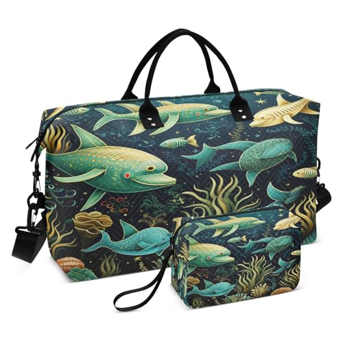 LINNIKEEEE Cartoon Meeresdelfine Reise-Seesäcke, Sporttasche, Weekender Handtasche mit Kulturbeutel für Damen Mädchen Herren von LINNIKEEEE