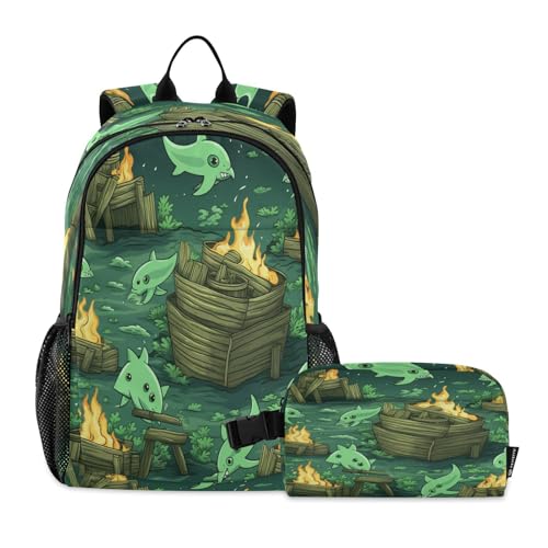 LINNIKEEEE Cartoon-Muster-Delfine Studentenrucksack Lunchtasche Set – Leichte Schultasche für Jungen Mädchen von LINNIKEEEE