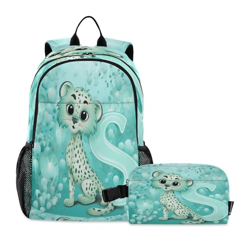 LINNIKEEEE Cartoon-Muster Geparden Studentenrucksack Lunchtasche Set – Leichte Schultasche für Jungen Mädchen von LINNIKEEEE