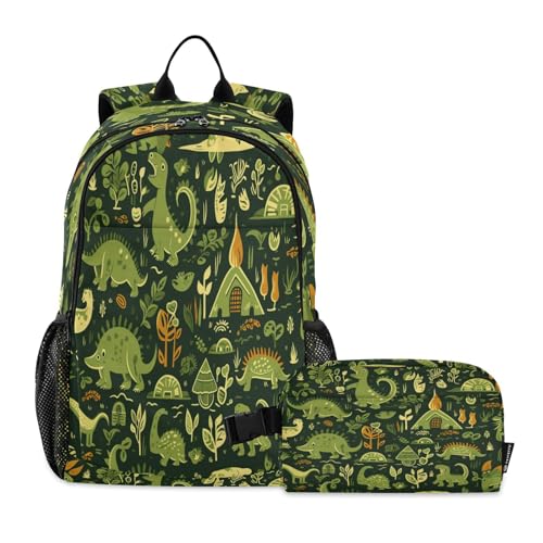 LINNIKEEEE Cartoon-Muster Niedliche Dinosaurier Studentenrucksack Lunchtasche Set – Leichte Schultasche für Jungen Mädchen von LINNIKEEEE