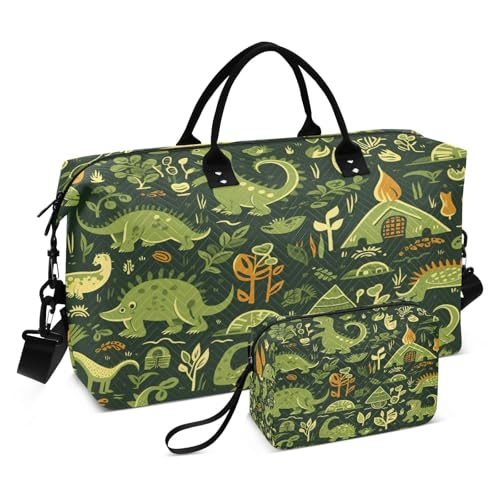 LINNIKEEEE Cartoon Muster Süße Dinosaurier Reise-Seesäcke, Sporttasche, Weekender Handtasche mit Kulturbeutel für Damen Mädchen Herren von LINNIKEEEE