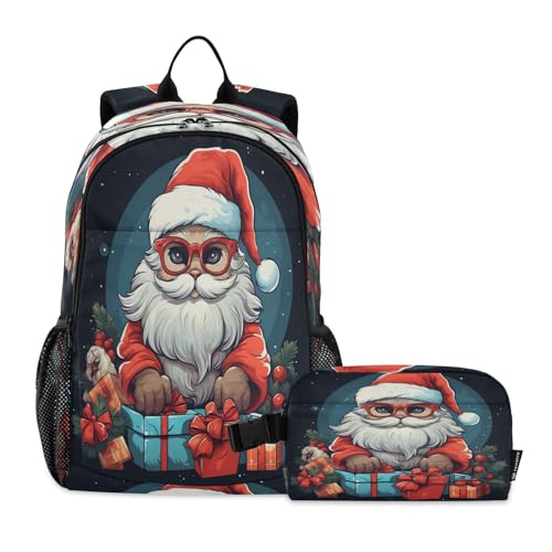 LINNIKEEEE Cartoon-Muster Weihnachtsmann Studentenrucksack Lunchtasche Set – Leichte Schultasche für Jungen Mädchen von LINNIKEEEE