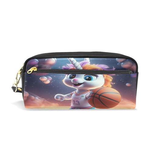 LINNIKEEEE Cartoon Süßes Basketball-Einhorn Federmäppchen aus Leder,Mäppchen Schlamperbox Stifttasche,Make-up-Tasche,Organizer für Jungen Mädchen von LINNIKEEEE