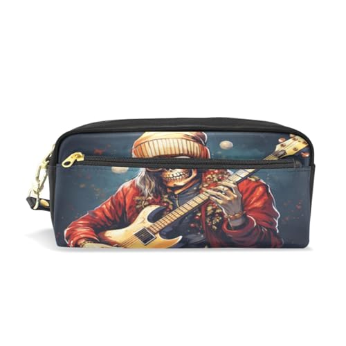 LINNIKEEEE Coole Gitarre, Weihnachtsmann, Weihnachten Federmäppchen aus Leder,Mäppchen Schlamperbox Stifttasche,Make-up-Tasche,Organizer für Jungen Mädchen von LINNIKEEEE