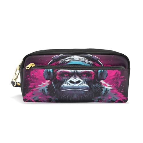 LINNIKEEEE Coole Musik Pink Gorilla Federmäppchen aus Leder,Mäppchen Schlamperbox Stifttasche,Make-up-Tasche,Organizer für Jungen Mädchen von LINNIKEEEE