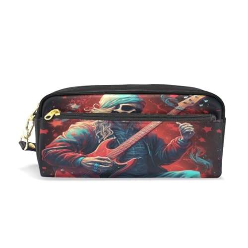 LINNIKEEEE Coole Musik Totenkopf Weihnachtsmann Federmäppchen aus Leder,Mäppchen Schlamperbox Stifttasche,Make-up-Tasche,Organizer für Jungen Mädchen von LINNIKEEEE