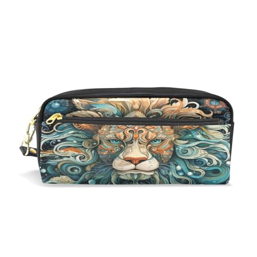 LINNIKEEEE Cooler, Ausgefallener Aquarell-Löwe ​​Federmäppchen aus Leder,Mäppchen Schlamperbox Stifttasche,Make-up-Tasche,Organizer für Jungen Mädchen von LINNIKEEEE