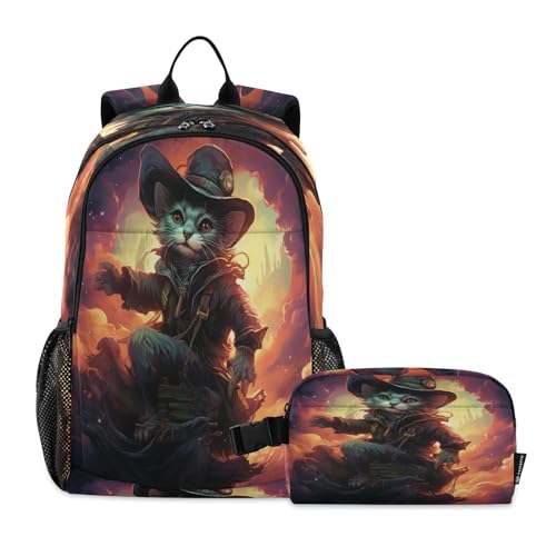 LINNIKEEEE Cooler Abstrakter Katzenmann Studentenrucksack Lunchtasche Set – Leichte Schultasche für Jungen Mädchen von LINNIKEEEE