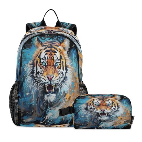 LINNIKEEEE Cooler Aquarelltiger Studentenrucksack Lunchtasche Set – Leichte Schultasche für Jungen Mädchen von LINNIKEEEE