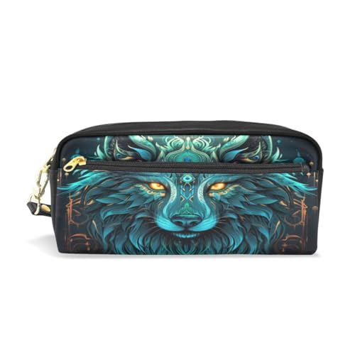 LINNIKEEEE Cooler Blauer Wolf Federmäppchen aus Leder,Mäppchen Schlamperbox Stifttasche,Make-up-Tasche,Organizer für Jungen Mädchen von LINNIKEEEE