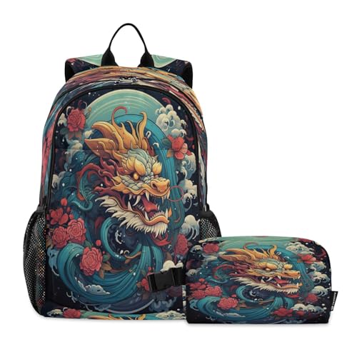 LINNIKEEEE Cooler Chinesischer Drache Studentenrucksack Lunchtasche Set – Leichte Schultasche für Jungen Mädchen von LINNIKEEEE