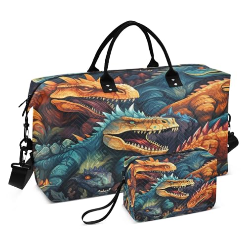 LINNIKEEEE Cooler Dinokartoon Reise-Seesäcke, Sporttasche, Weekender Handtasche mit Kulturbeutel für Damen Mädchen Herren von LINNIKEEEE